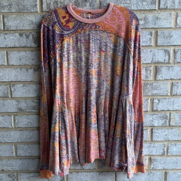 Free People Long Sleeve Crew Neck Making Circles Paisley Boho Shirt Size XS - Picture 1 of 8